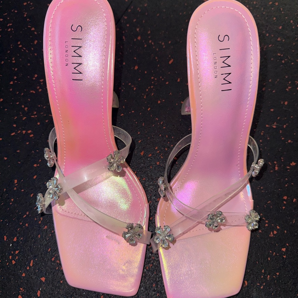 Simmi London Pink Iridescent Heels with Floral Accents